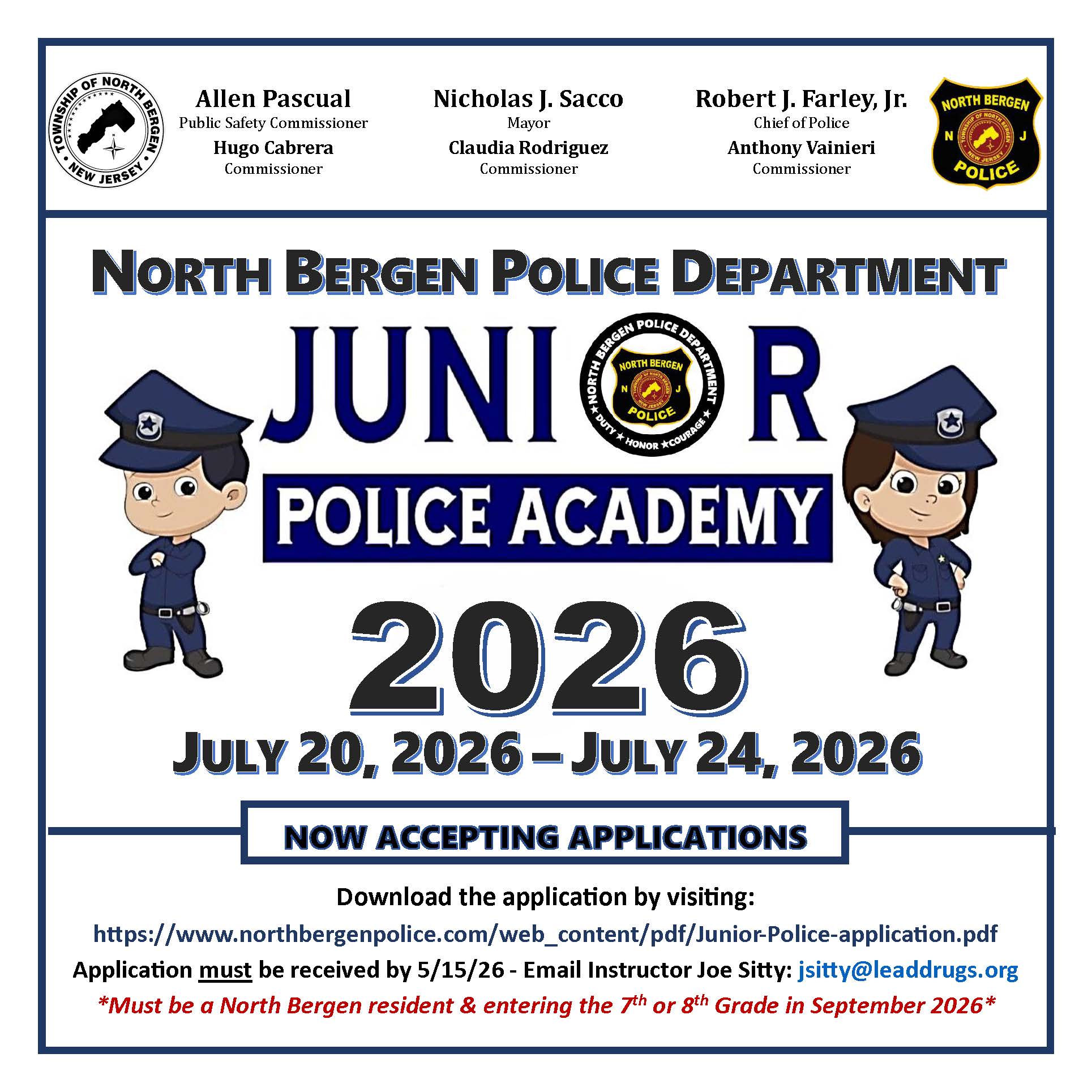 Junior Police Academy - 2026 App Flyer North Bergen Police Department Junior Police Academy 2026 flyer with dates July 20–24 and application details for students
