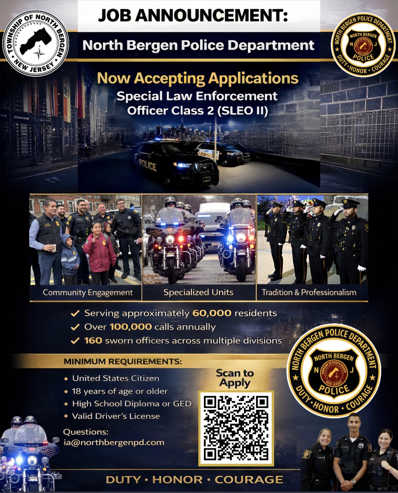 Promotional hiring flyer for the North Bergen Police Department announcing applications for Special Law Enforcement Officer Class 2 (SLEO II), featuring police vehicles, officers, community scenes, minimum requirements, and a QR code to apply.